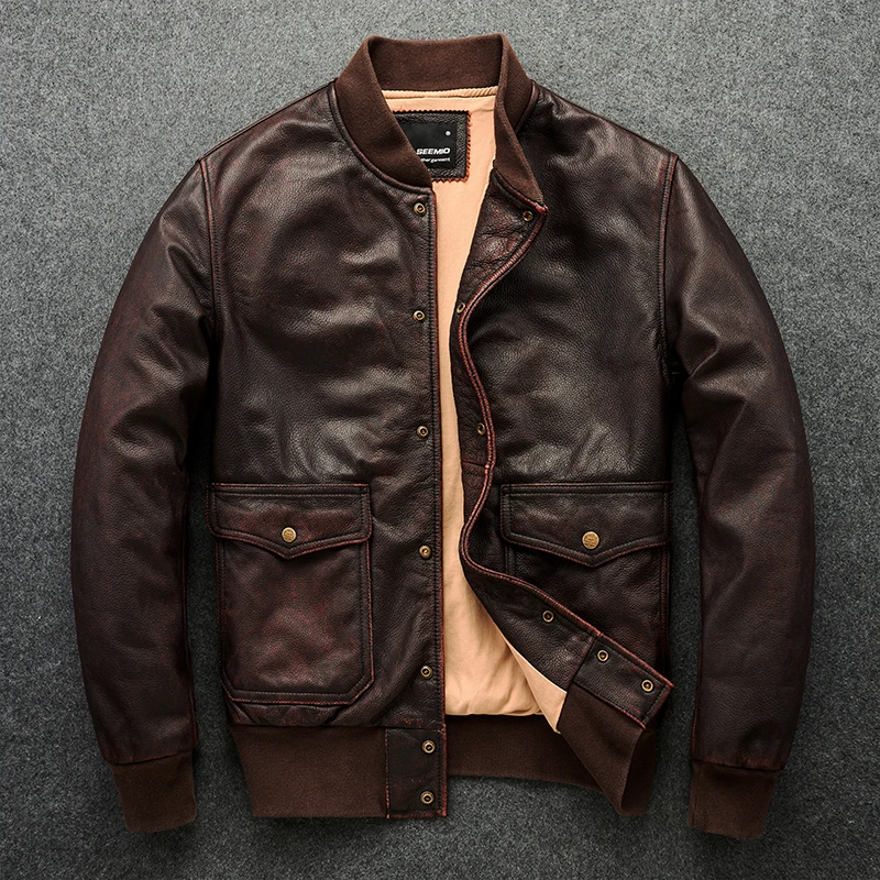 

Free Shipping New Arrival Cow Leather vintage Jacket Retro colored Air Force Leather Jacket Cowhide Men's Genuine Leather Jacket