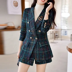 Autumn Winter Small Fragrance Vintage Tweed Plaid Two Piece Set Women Slim Jacket Coat Blazer+ Shorts Skirts Sets 2 Piece Suits