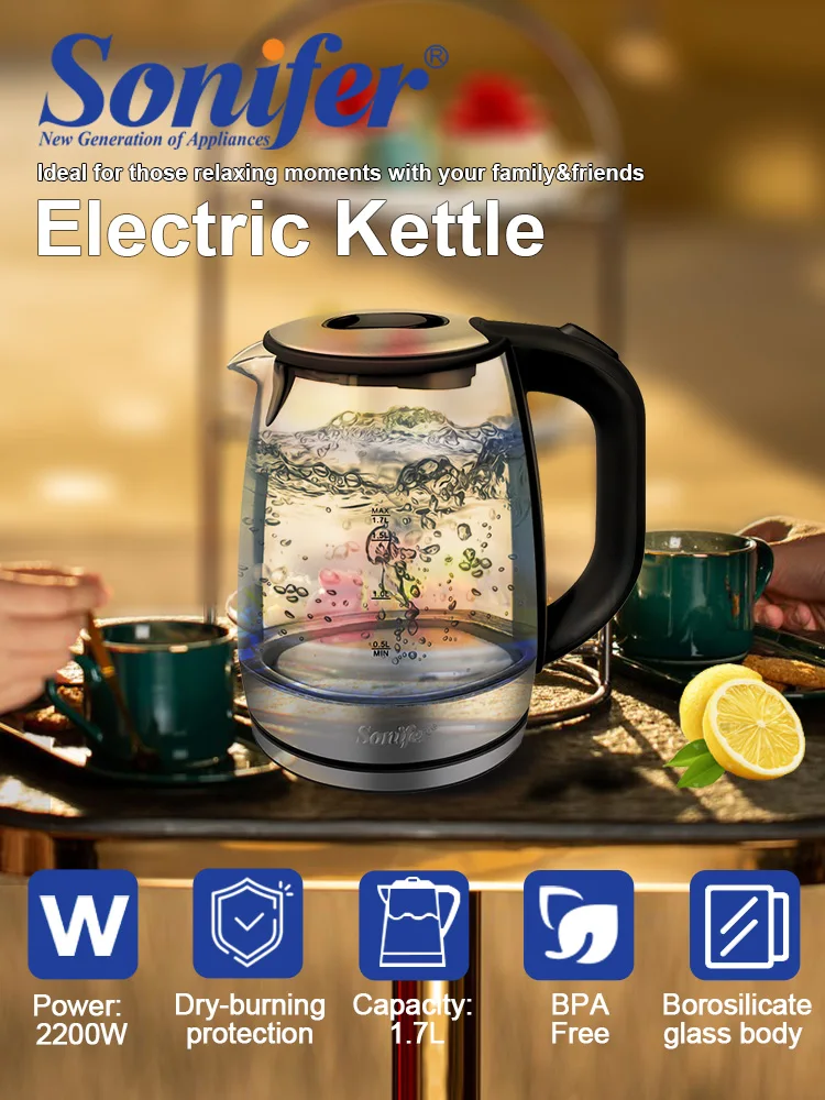 

Стеклянный электрический чайник Sonifer 1,7 л SF-2079, 2200 Вт, быстрая кипячение, беспроводной, синий светодиод, автоматическое отключение, защита от сухого кипячения