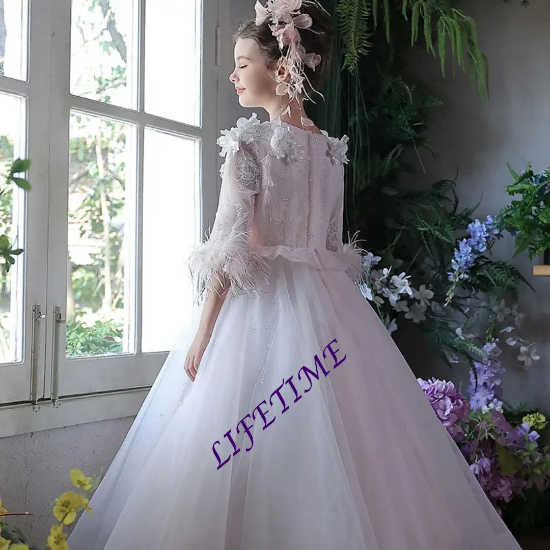 فستان بناتي أبيض مخصص مع نصف كم تصميم زهور ثلاثي الأبعاد على طراز الأميرة لحفلات الزفاف وأعياد الميلاد للأطفال