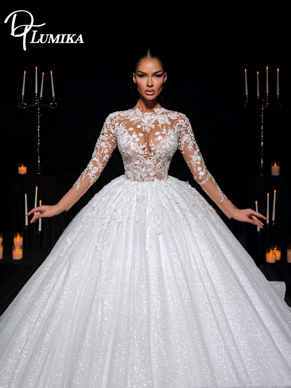 

Sparkling Long Sleeve Wedding Dress Elegant Sheer Floral Lace Applique Glamorous Glitter Tulle Bridal Gown Vestidos De Novia