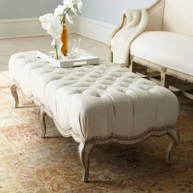 Hot selling Custom french antique bedroom white fabric wooden tufted ottoman bed stool bench