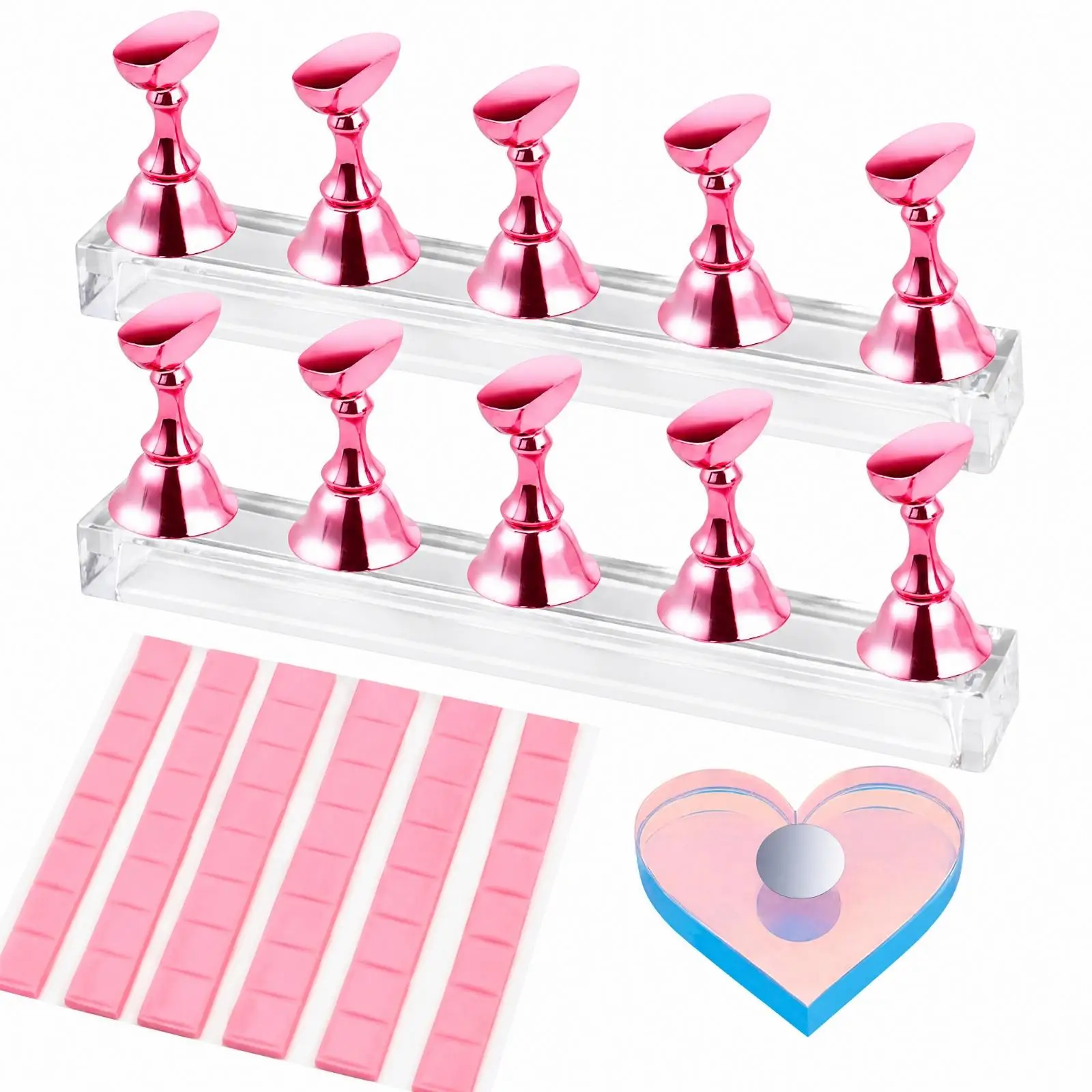 Acrylic Nail Art Practice Tip Holder Rack Stand with Pink Clay Heart Base for Beginner Manicure Training Session