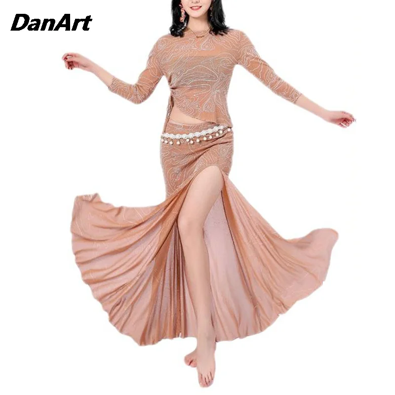 

Lady Mesh Clothing Crop Top and Long Split Skirt Adult Bellydance Indian Dance skirt belly dance women Training Suit