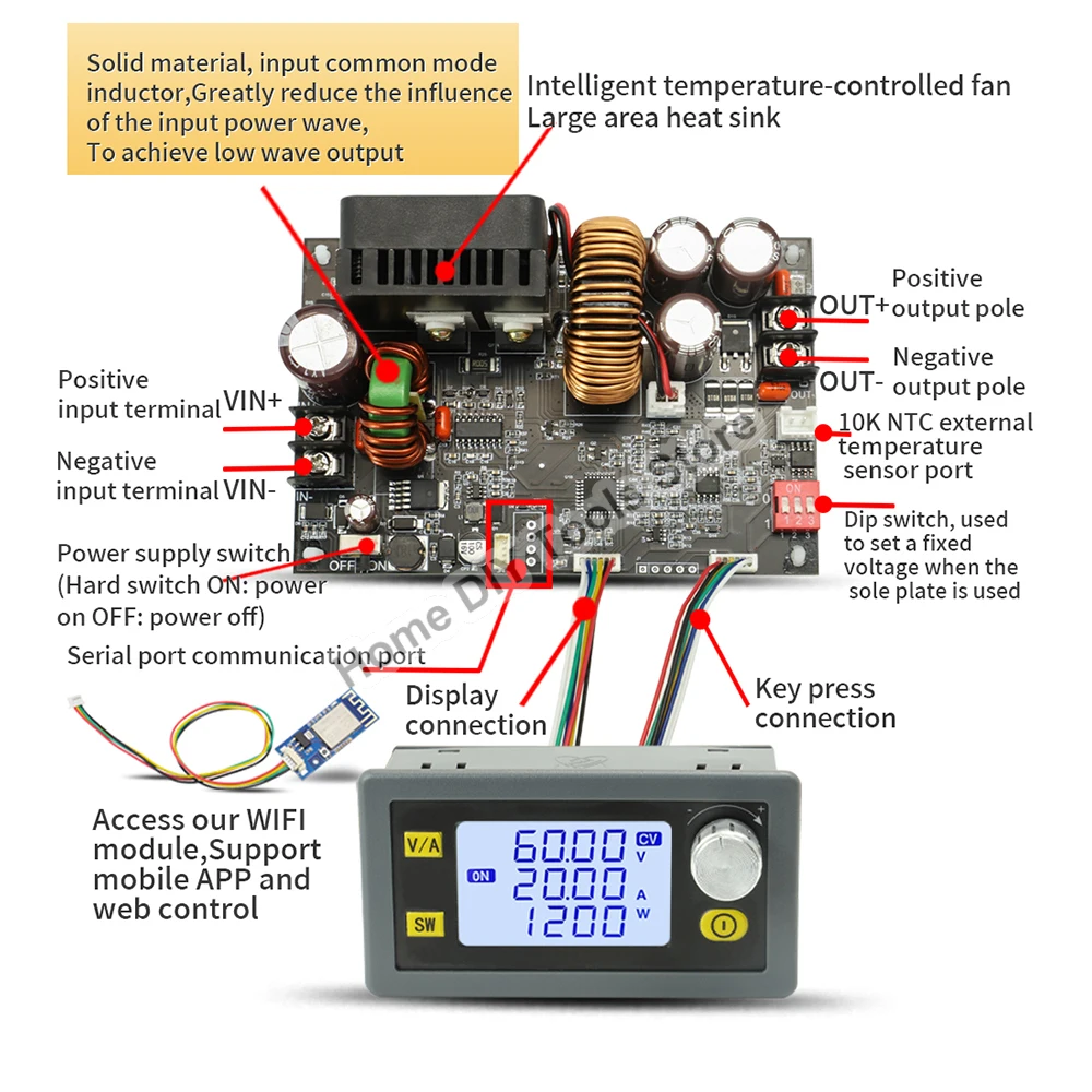 CNC 조정 가능한 DC 안정화 전압 전원 공급 장치 모듈 CC CV 6.0-70V 0-60V 20A 1200W 스텝 다운 모듈 XY6020L