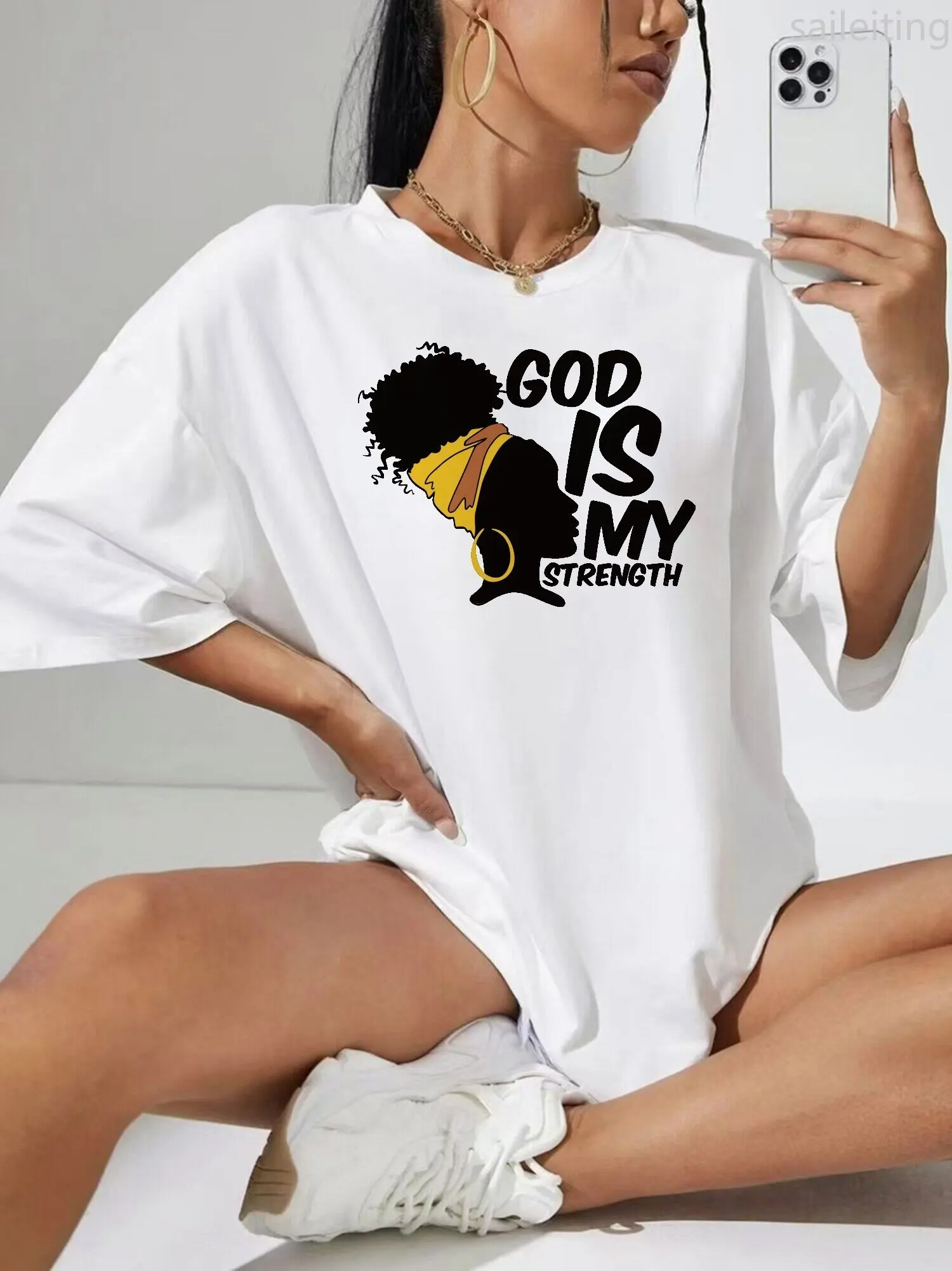 Women's White T-Shirt with "God Is My Strength" & Female Print Round Neck Summer Short Sleeved Harajuku Streetwear Tops Tees