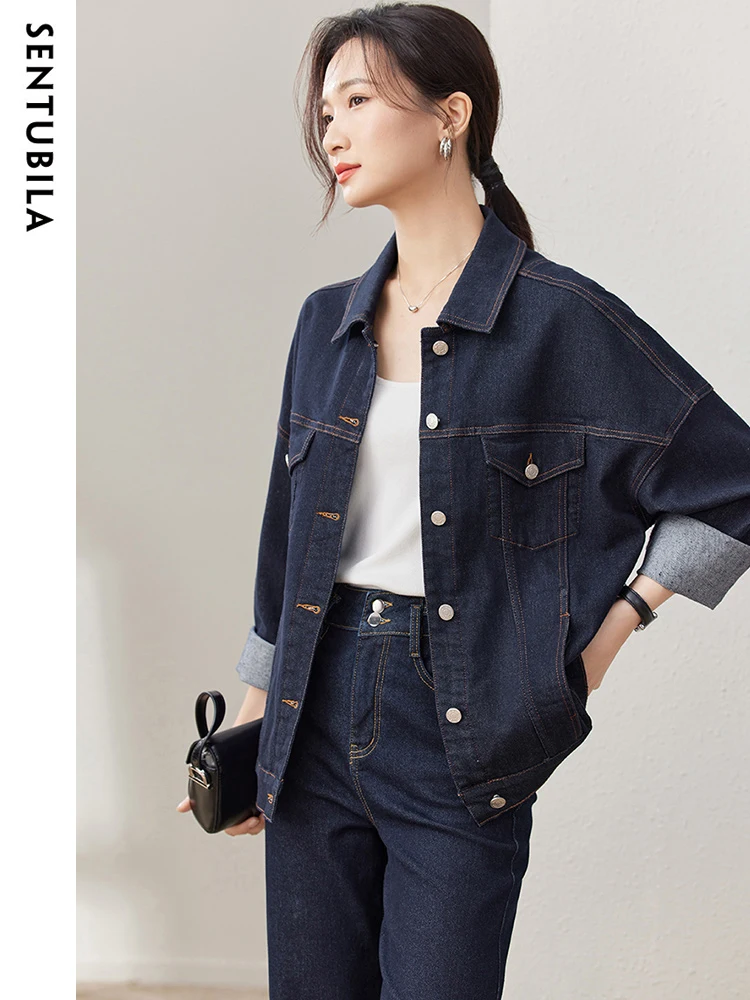 

SENTUBILA Comfortable Short Cotton Denim Jacket for Women 2024 Autumn Trendy Loose Long Sleeve Vintage Washed Denim Coat Outwear