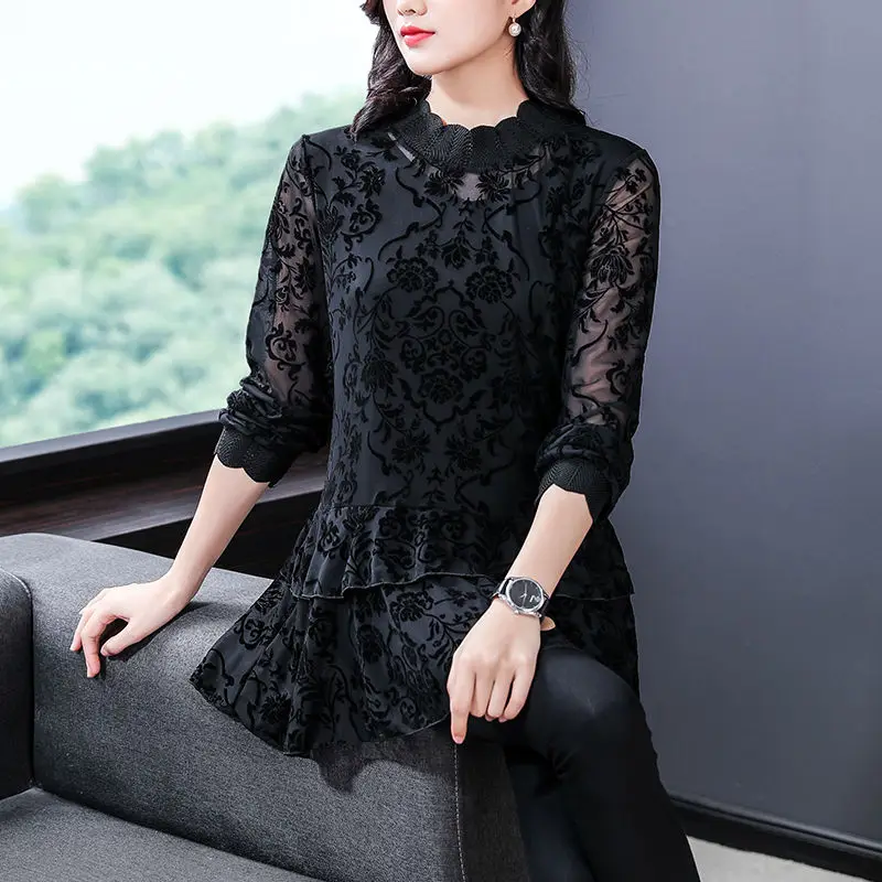 Office Lady Floral Printed Patchwork Blouse Casual Long Sleeve Spring Autumn Stand Collar Lace Spliced Female Loose Gauze Shirt