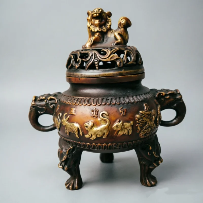 Vintage Gilt Copper Tripod Incense Burner with Zodiac Relief - Traditional Chinese Buddhist Censer, Home Altar Decor & Ornament