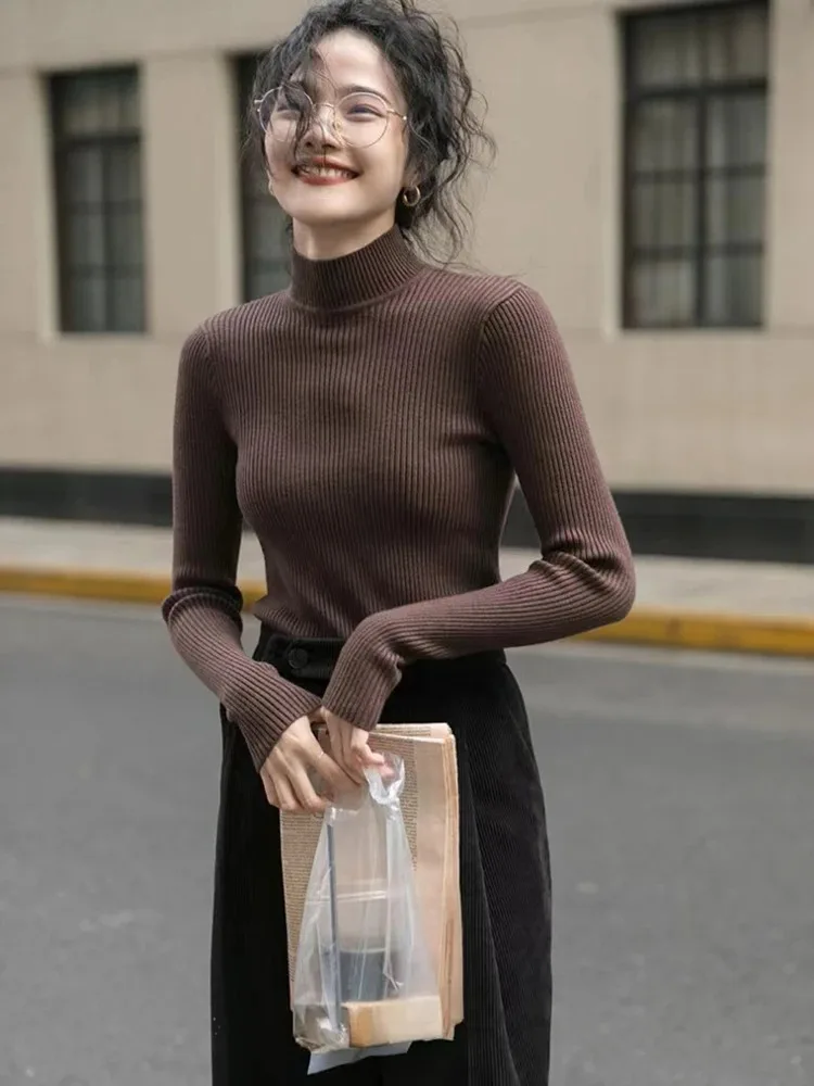 Autumn Winter 2025 Women Sweater Long Sleeve Knitted Turtleneck Ribbed Pull Sweater Soft Warm Femme Jumper Pullover