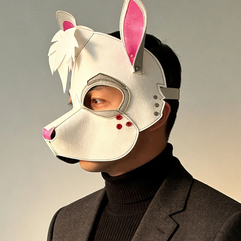 Punk Rabbit Mask White Bunny Pattern PU Leather Adult Animal Face Mask Fursuit Halloween Masquerade Cosplay Party Costume Prop view 2