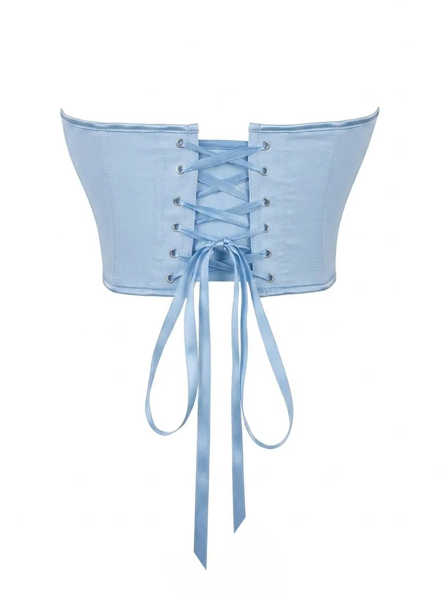 Women Light Blue Strapless Sweetheart Corset Bustier Pointed Hem Coquette Renaissance Body Shaper Party Banquet Outfit
