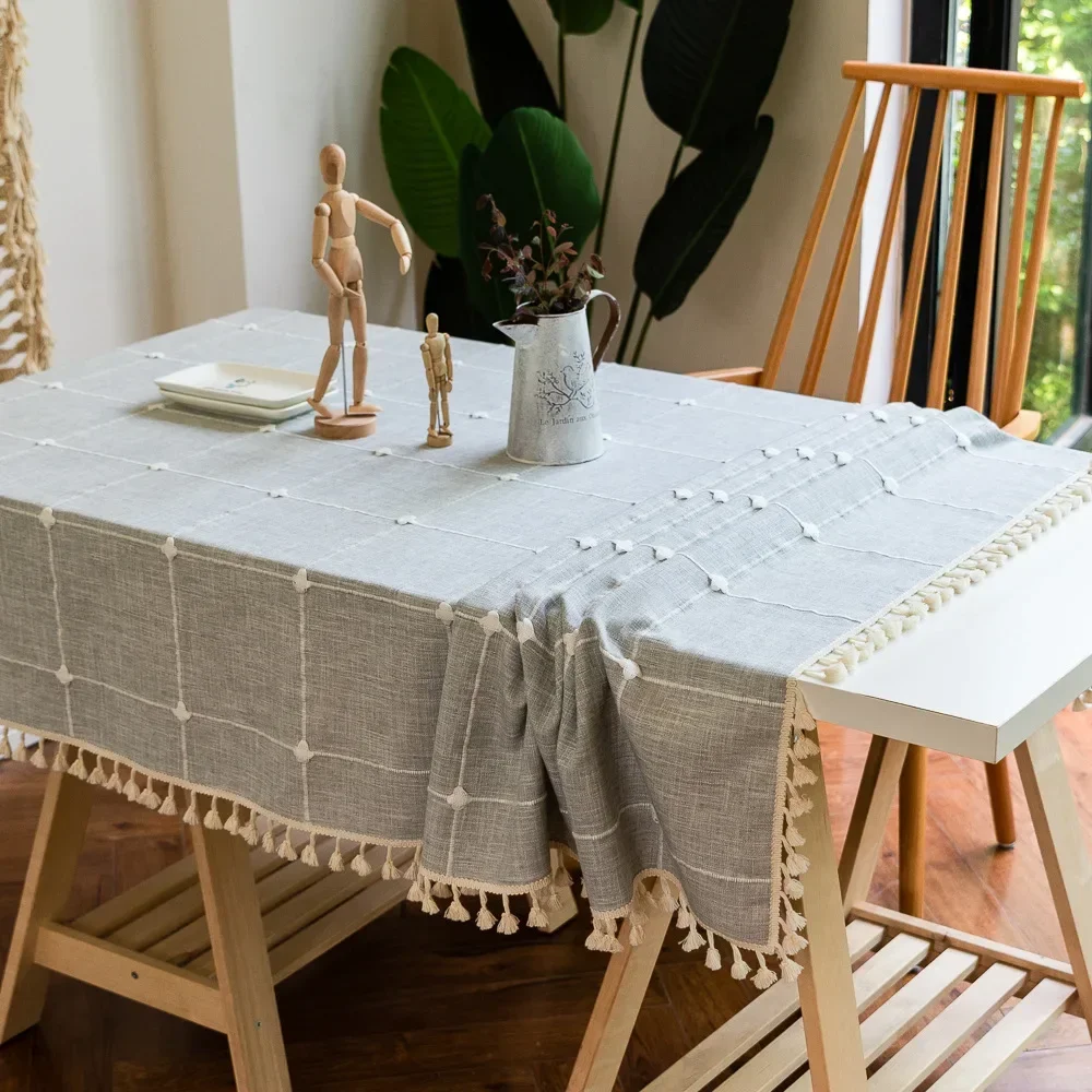 

Large Check Imitation Cotton Linen Embroidery Tassel Lace Long Table Tablecloth Kitchen Table Cloth Decoration Table Cover Desk