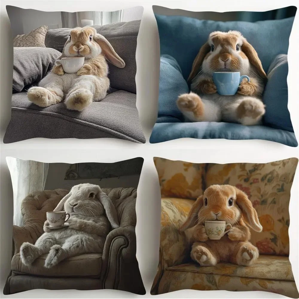 Cute Bunny Sitting in Armchair Throw Pillow Cushion for Living Room Sofa Decor Gift
