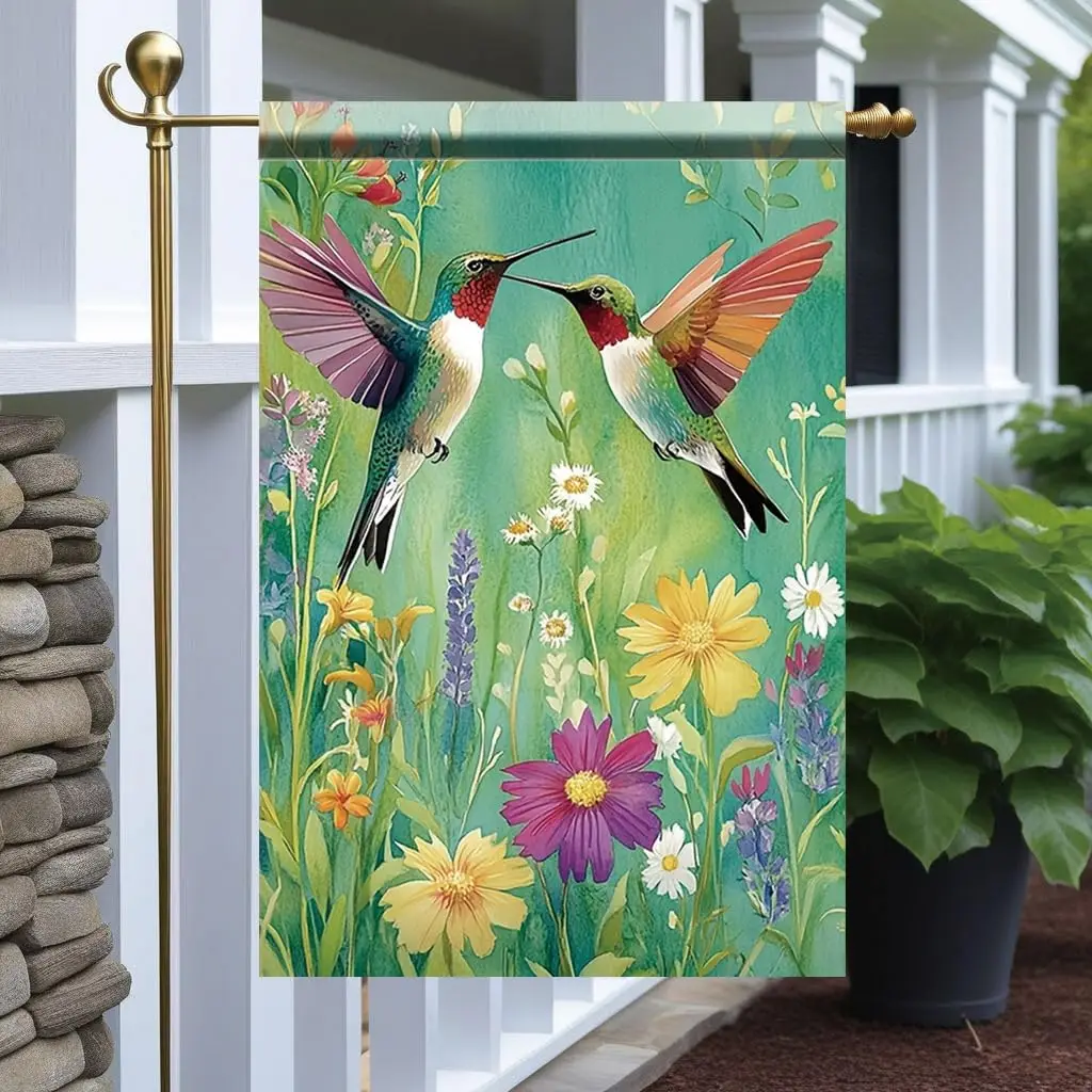 Hummingbird Garden Flag 12x18 Inch Double Sided Outdoor Yard Banner Colorful Birds with Wildflowers Spring Summer Decoration zzo