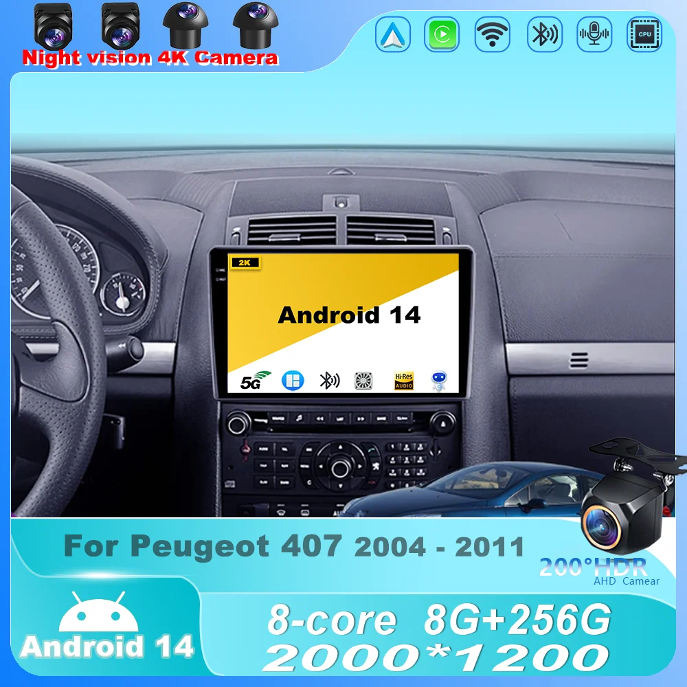 

Car Radio For Peugeot 407 2004 - 2011 Android 14 Multimedia Player Stereo Navigation GPS Wireless Carplay HDR Screen 4G BT WIFI