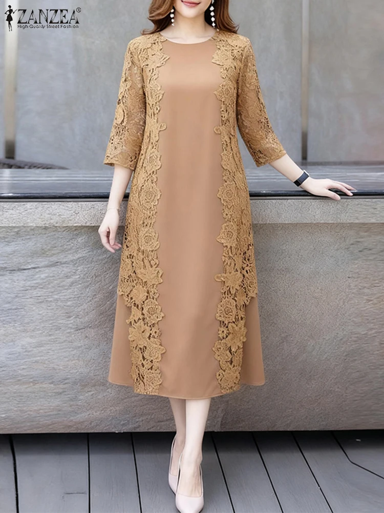 ZANZEA Stilvolle Damen-Kleider mit Spitze und Patchwork, Herbst, 3/4-Ärmel, Büro-Sommerkleid, bestickt, Midi-Robe, elegantes Partykleid