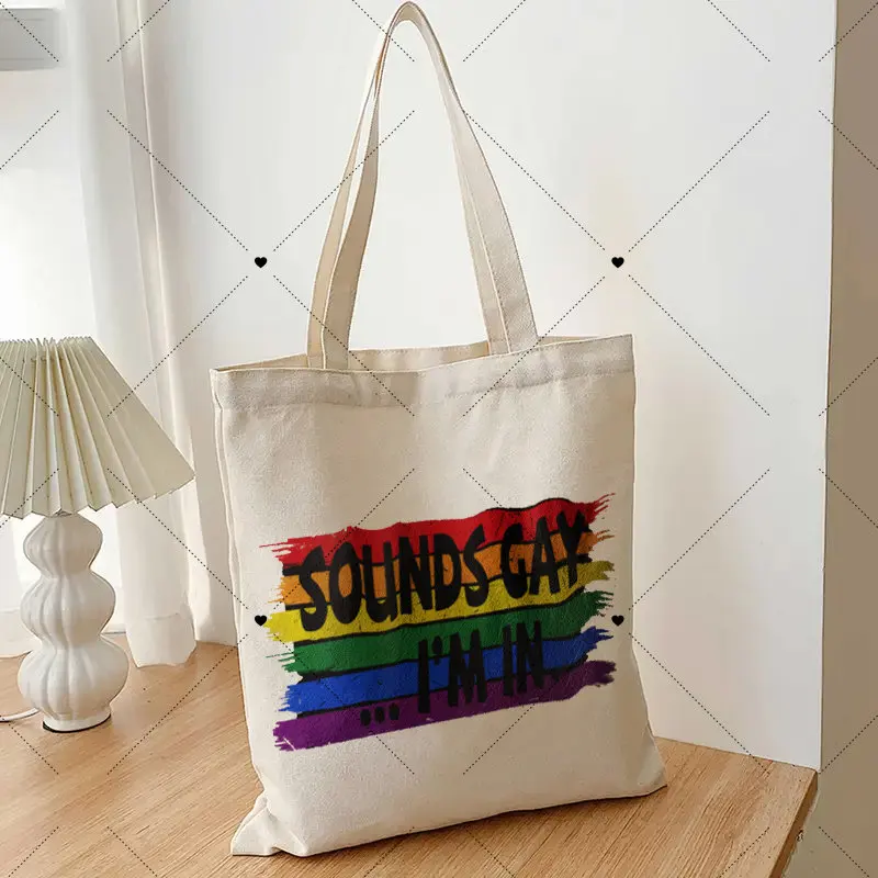 Sounds Gay I Min Beautiful Printed Rainbow Canvas Gay Lesbian Tote Bags with Free Shipping Hot Selling Item Side Bag for Ladies