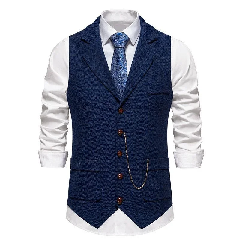 Men\'s Retro Lapel Chain Vest Fashion Herringbone Coarse Tweed Pockets Suit Vest Casual Business Waistcoat Leisure ropa hombre