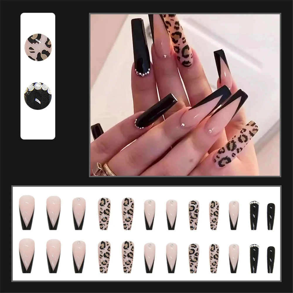 Fashion Leopard Long Ballerina Fake Nail Tips With Designs French Coffin False Nails Set Press On Wearable Full Cover Manicure