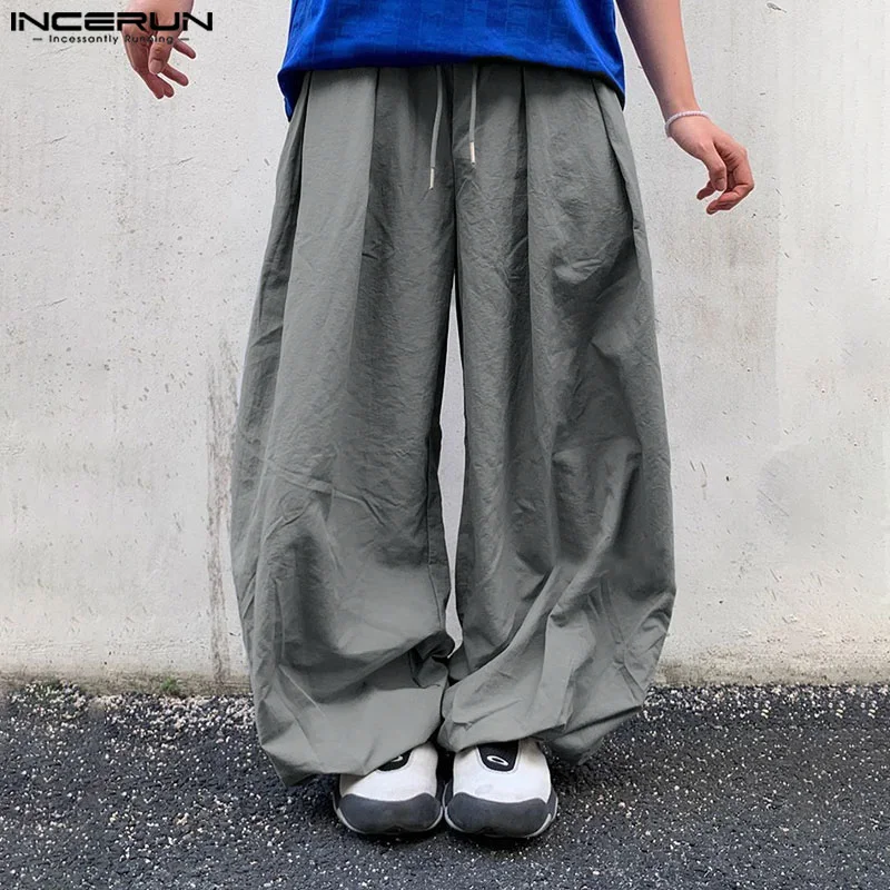 INCERUN 2024 Korean Style Trousers Men's Pleated Splicing Wide Leg Pantalons Stylish All-match Male Solid Drawstring Pants S-5XL