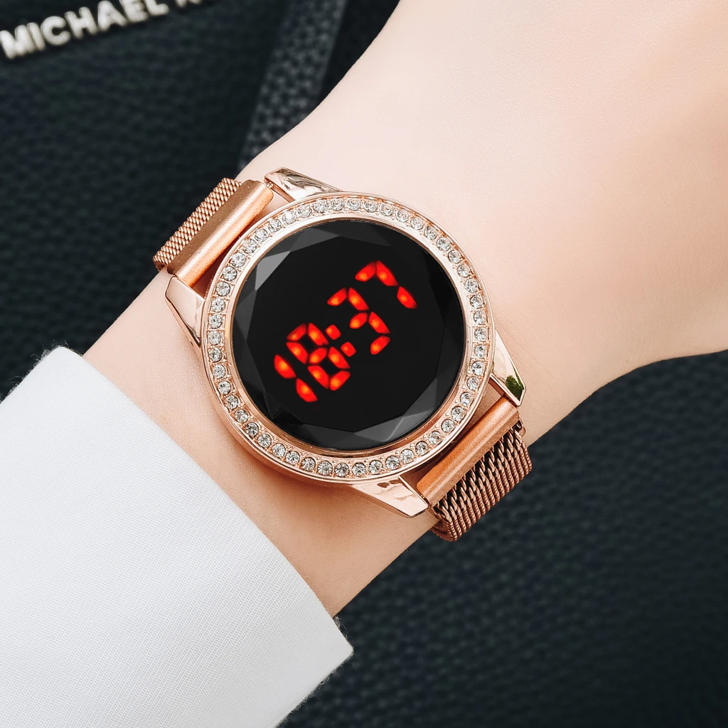 Luxury Digital Red LED Watches For Women Magnetic Stainless Steel Belt Quartz Clock Ladies Wrist Watch Fashion Business Watch