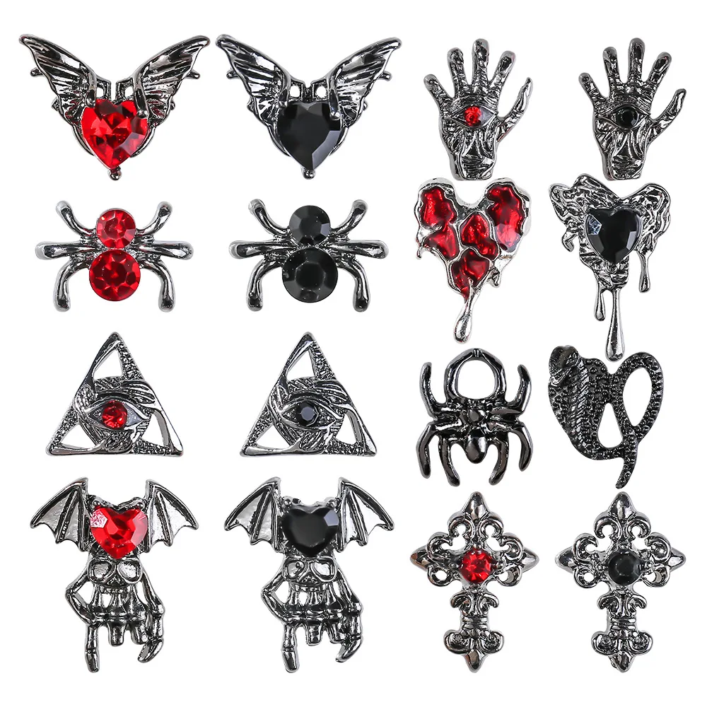 10PCS 3D 고딕 합금 네일 참 크로스 해골 하트 펜던트 다크 할로윈 네일 메탈릭 펑크 아트 데코레이션 용품