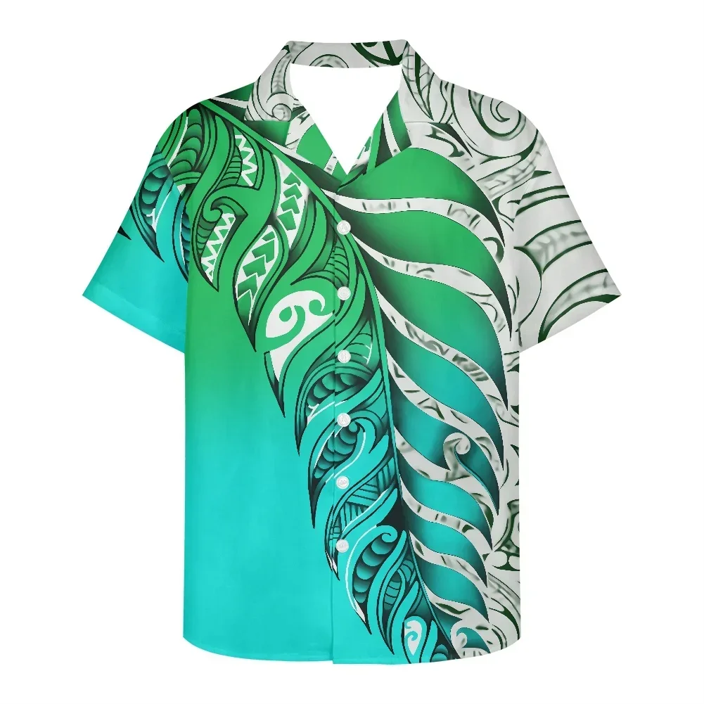 Fashion Men's Business Polynesian Shirt Casual Short Sleeve New Lapel Tribal Tattoo Button Slim Fit Tops