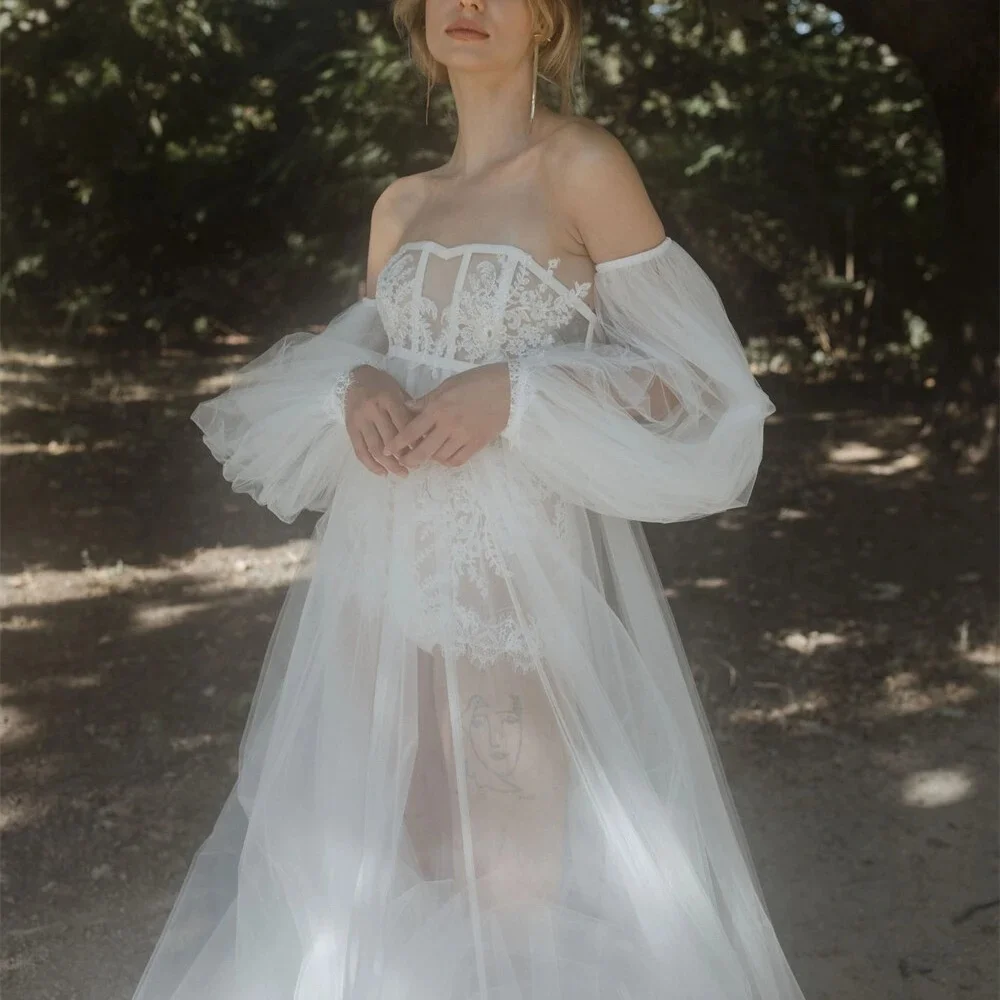 White Illusion Bride Robe And Nightgown Customized Long Sleeve Bridal Gowns Photo shoot Maternity Dressing Gown for Photography