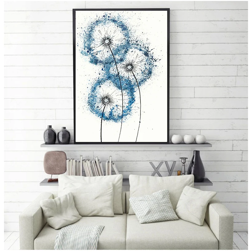 Nordic  Abstract Minimalist Blue Dandelion Posters Art Watercolor Canvas Pictures For Living Room Bedroom Decor Unframed