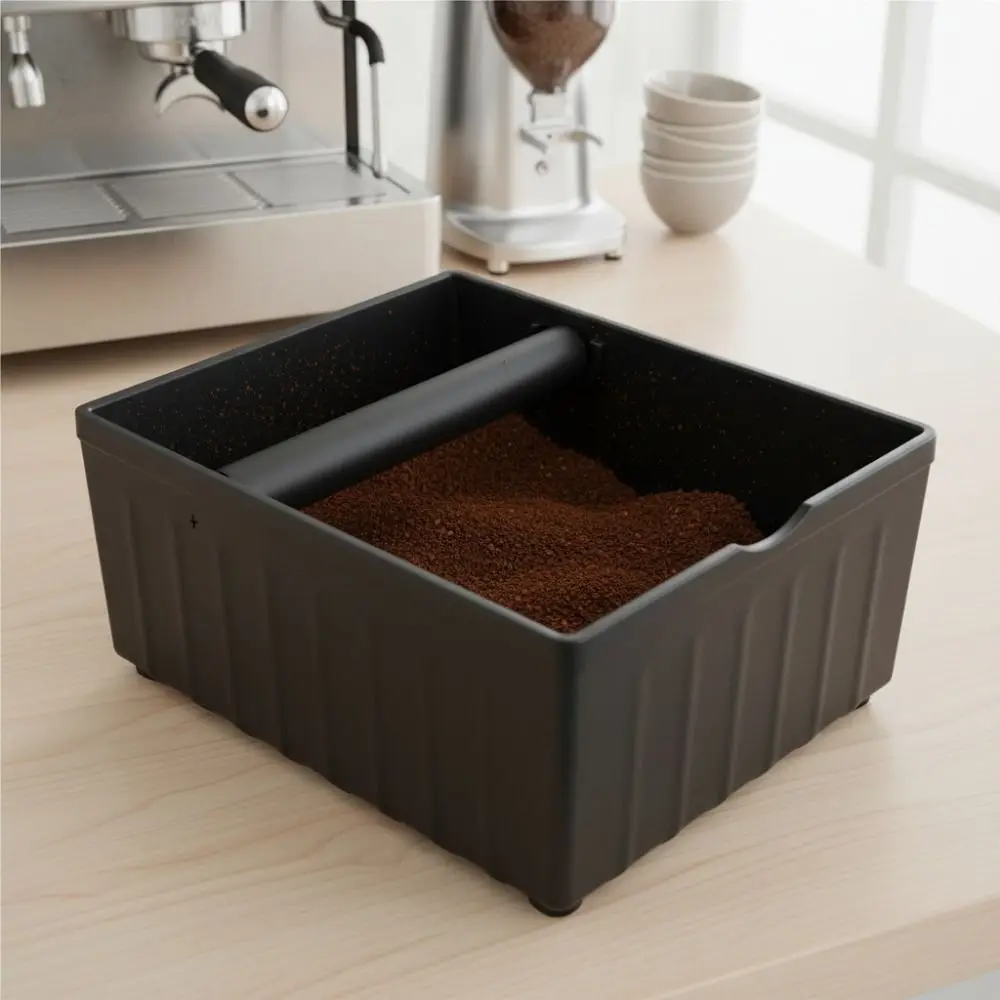 Rectangular Coffee Grounds Tapping Box Large Capacity with Tapping Rod Coffee Knock Box Stable Anti Slip Base
