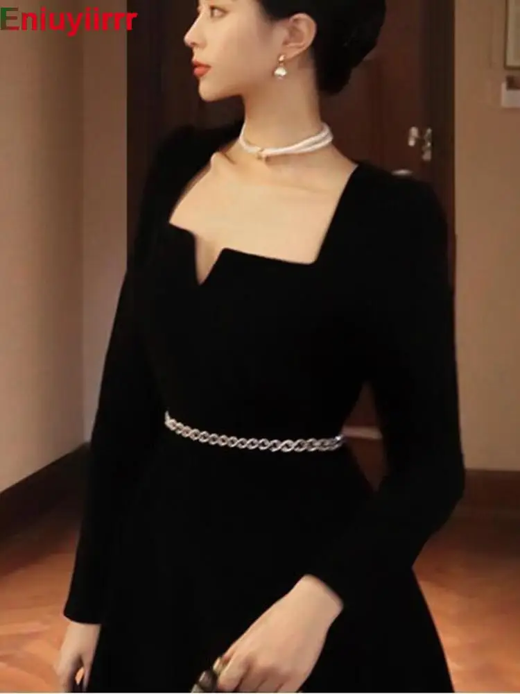 Women 2022 New Year Winter Spring Basic Wear Feminine Vestidos Sexy Square Neck French Black Long Elegant Party Velvet Dress