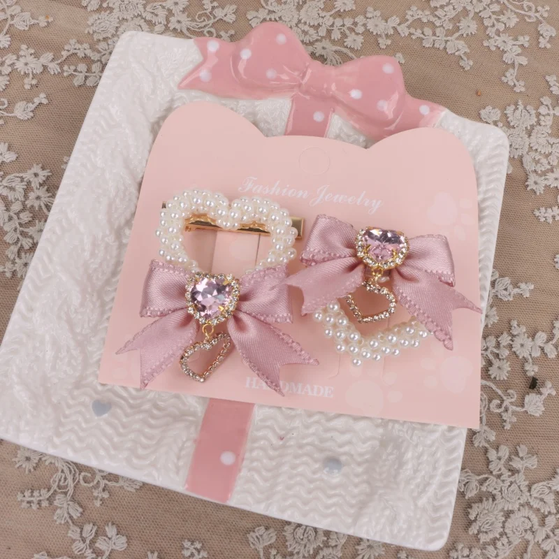 1 Pair Romantic Handmade Bow Hair Clips Lolita Pearl Heart Loria Bow Hairpins Hair y2k Accessories Jirarkei Ribbon Decor