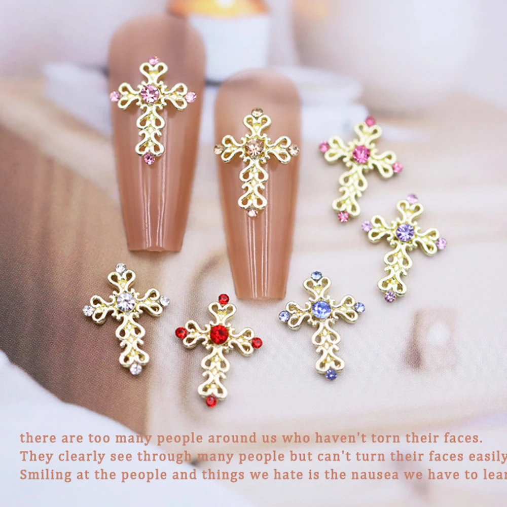 10Pcs Japanese Carving Flowersn Cross Nail Charms 3D Retro Alloy Diamond Nail Rhinestones Glitter DIY Punk Manicure Accessories