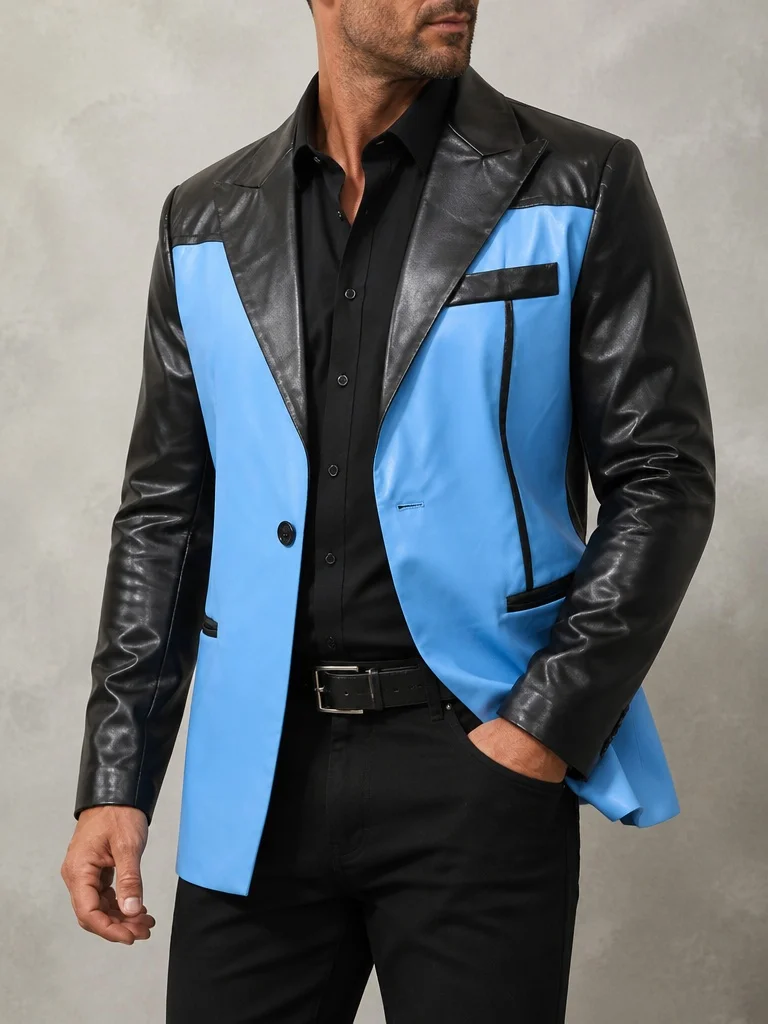 Men's Color Block Faux Leather Blazer Notch Lapel Single Button Slim Fit Suit Jacket Nightclub Party Formal Casual Business Coat