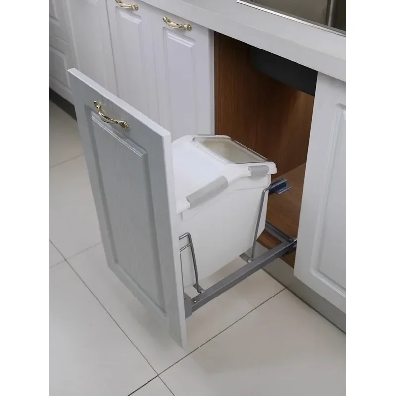 Hidden embedded rice storage device box in kitchen cabinet, basket damping rail pull-out , built-in sealed rice noodle bucket