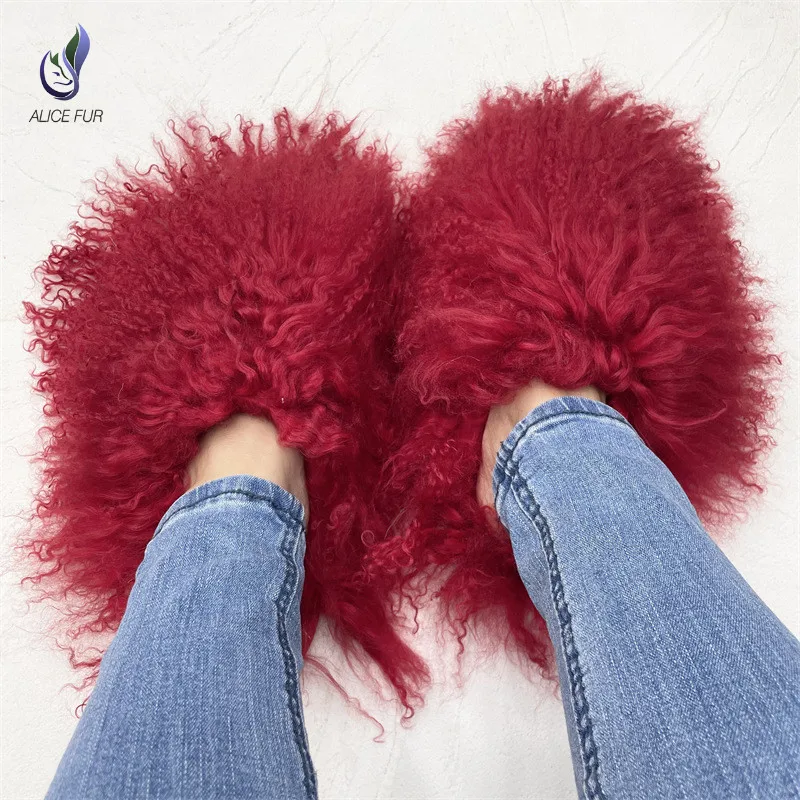 High quality new style women fur flat shoes sheepskin fur slipper Mongolian Fur Slides