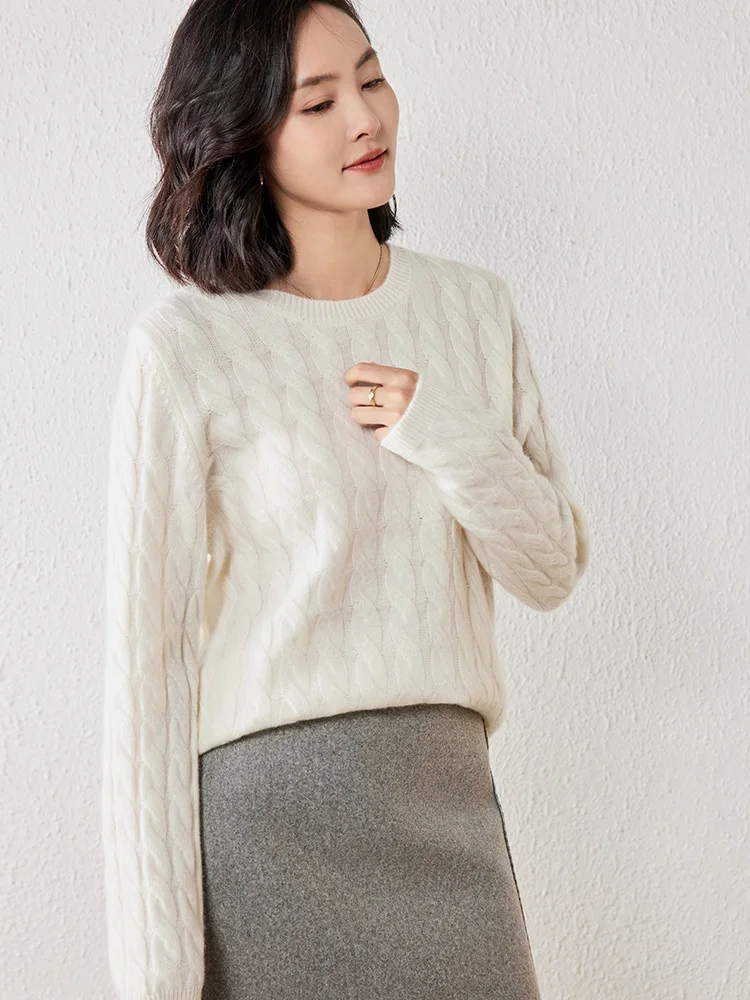 

ANGEL New Women Cashmere O-neck Pullovers Cable Knit Sweater Spring Autumn Winter Long Sleeve 100% Cashmere Knitwear Loose Tops