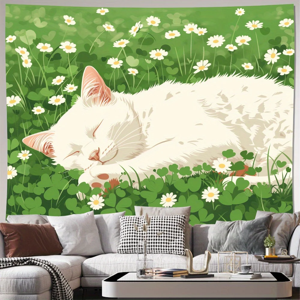 Sleeping White Cat Wall Tapestry, Floral Meadow Decor for Bedroom, Living Room, Pet Lover Gift, Soft Polyester multiple sizes