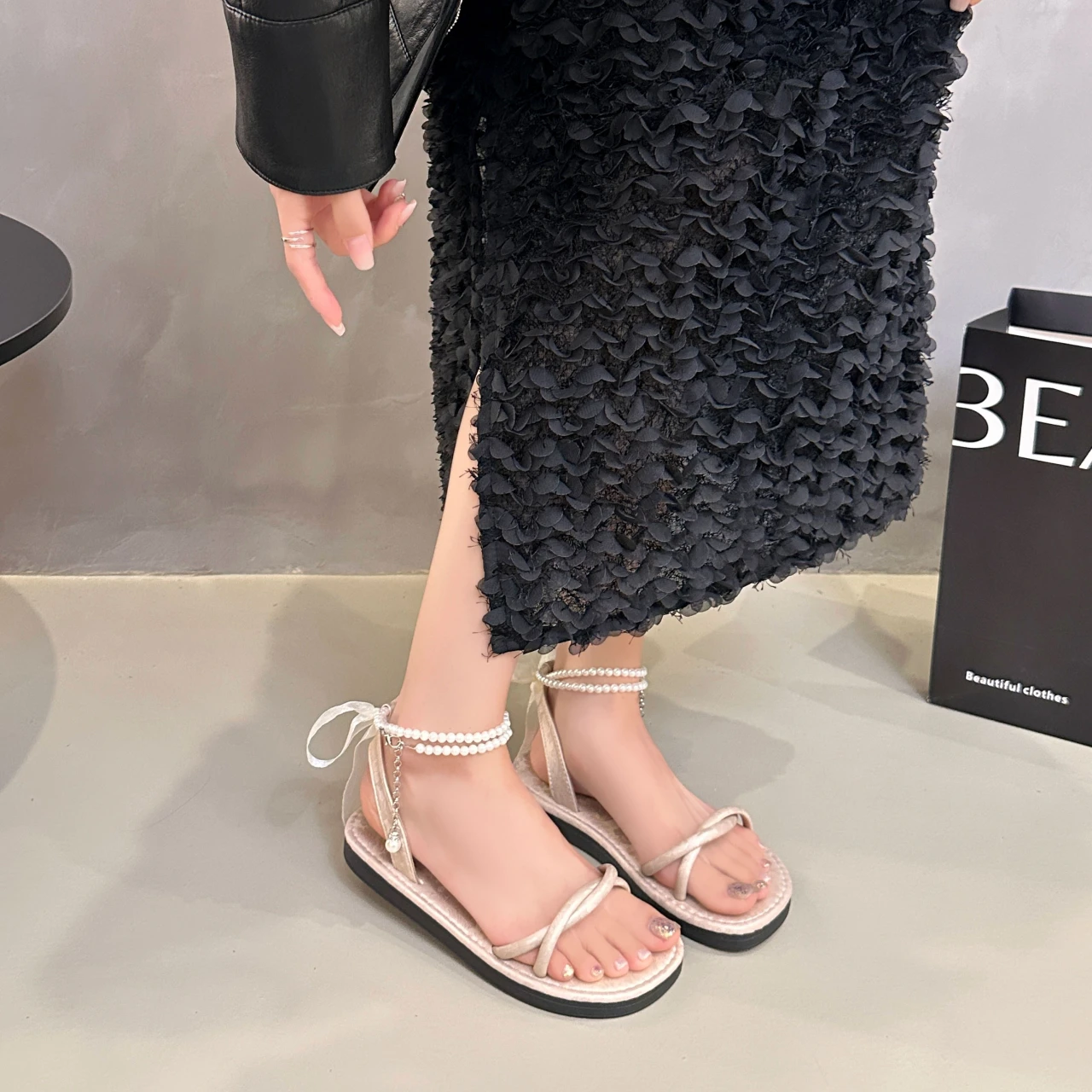 Summer Women Pearl Beaded Ankle Strap Flat Sandals Toe Loop Ribbon Bow Non Slip Soft Sole Beach Vacation Casual Dress Shoes view 4