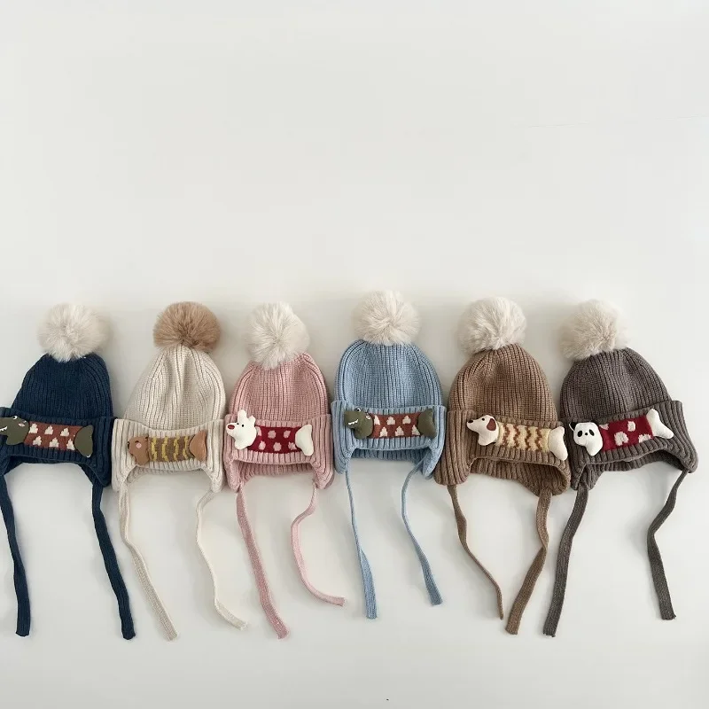 Baby Kids Knitted Beanie Hat 48-52cm Autumn Winter Windproof Earflap Cute Dog Toddler Girls Warm Cold Proof Cap Boys Warm Caps