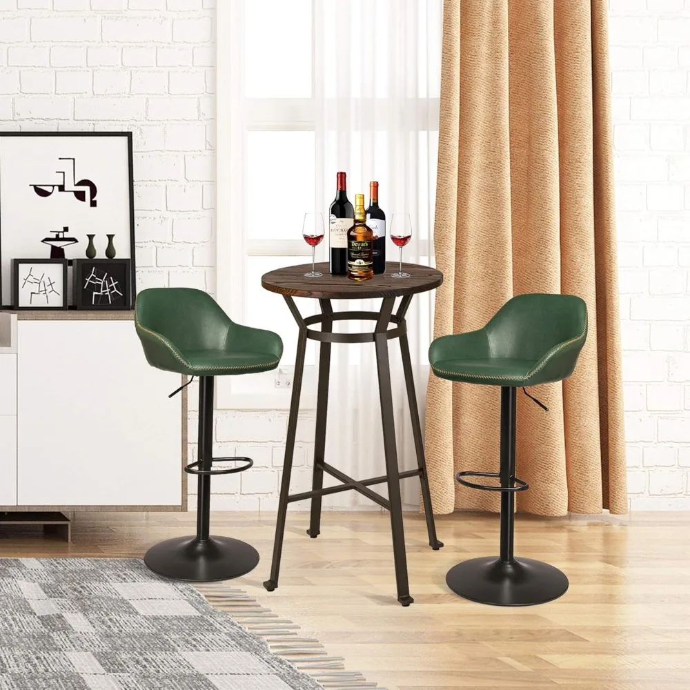 

3 Piece Pub Table and Chairs Set, Round Rustic Bar Height Top Table and Adjustable Swive Hunter Green Bar Stools for Kitchen Bi