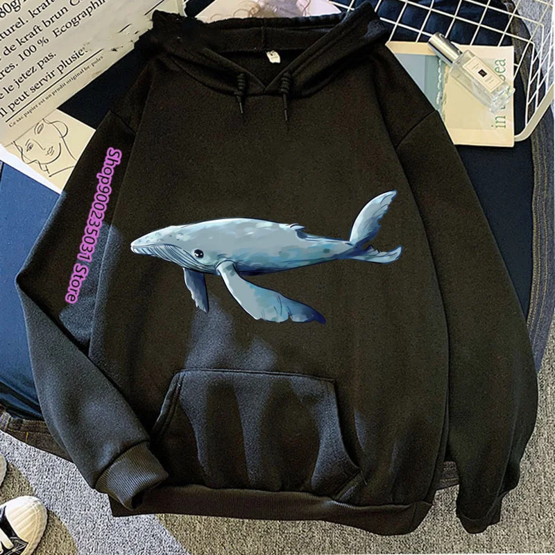 Hoodies Women Whale Prined Hoodie For Woman Sweatshirt Reto Style Casual Sweatshirt Female Oversize Round Collar Pullovers