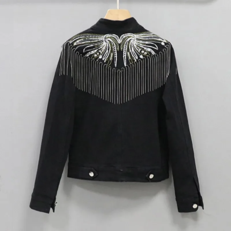 Chaqueta vaquera negra brillante para mujer, ropa de calle, primavera/otoño, nueva tendencia, chaquetas cortas ajustadas con borlas, prendas de