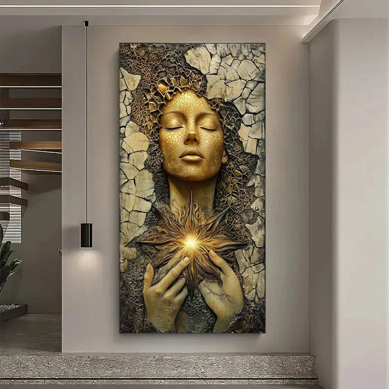 Modern Abstract Golden Human Face Starburst Design Poster, Modern Home Decor,For Living Room, Bedroom, Office, No Frame