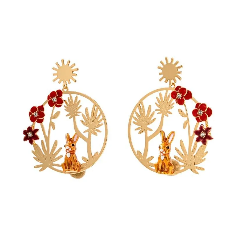 

New Big Oil-drop Earrings Exaggerated Earrings Personalized Niche New Style Enamel 3D Rabbit Red Flowers Individual Luxury Women