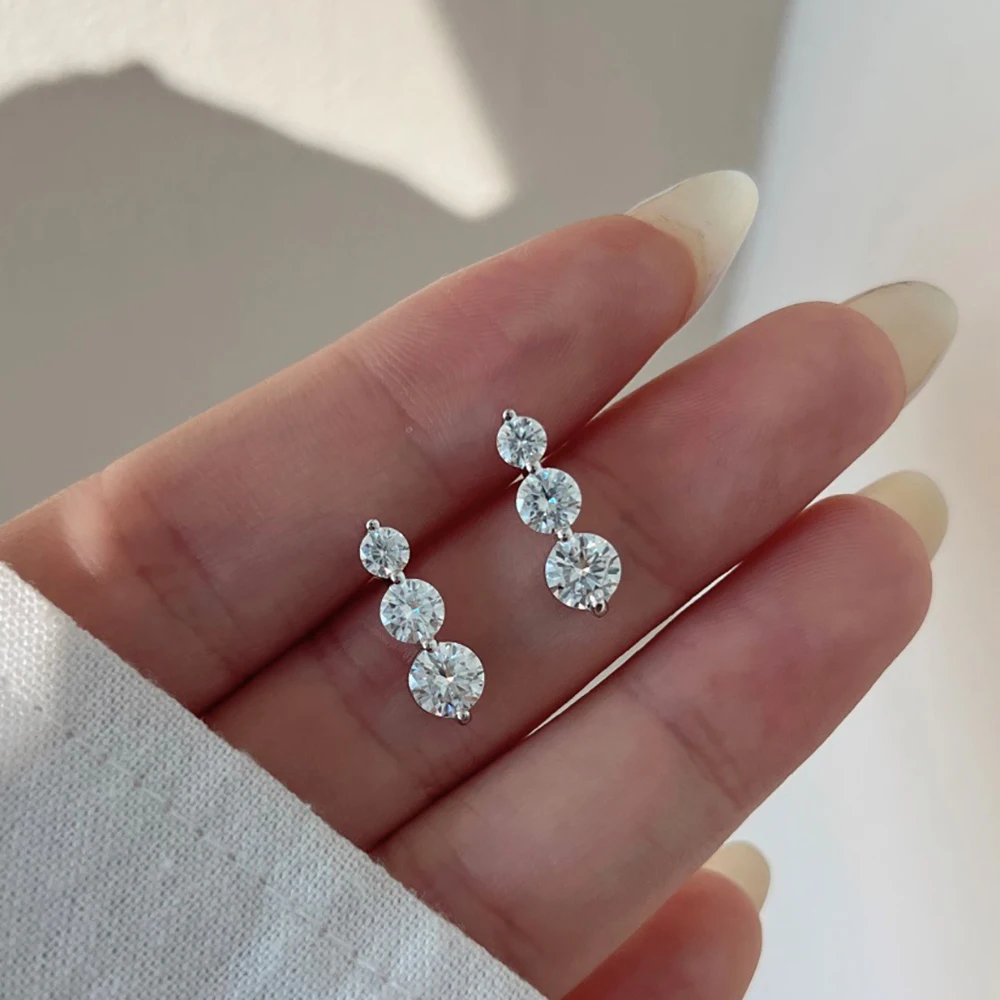 3-Stone Size Gradient All Moissanite Stud Earrings for Women S925 Silver D Color VVS1 Diamond Drop Earring With GRA Certificate