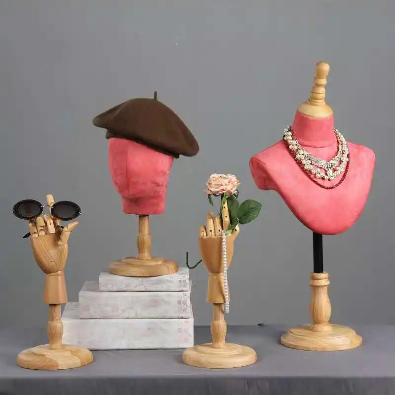 Fabric Cover Female Dummy Mannequin Head/Hand with Wooden Stand For Hat Wigs and Jewelry Display