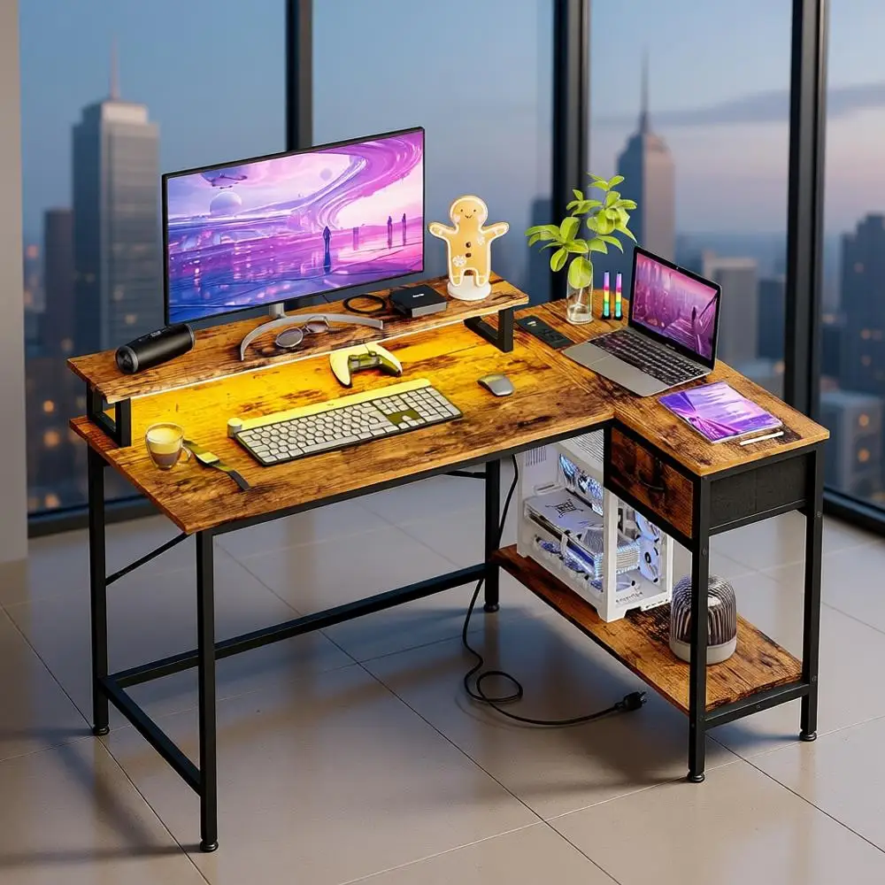 

Г-образный угловой компьютерный стол со светодиодной подсветкой, розетками, ящиками, коричневым, для небольшого домашнего офиса и учебы