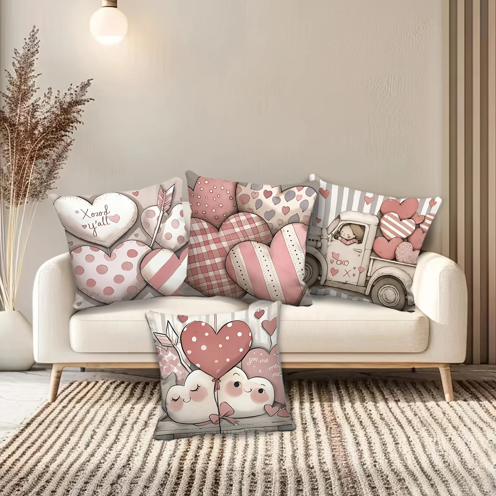 4pcs Valentine's Day Pillow Covers 45x45cm Double-sided Printed Cushion Cases Cute Heart Truck Home Decor Throw Pillow No Insert